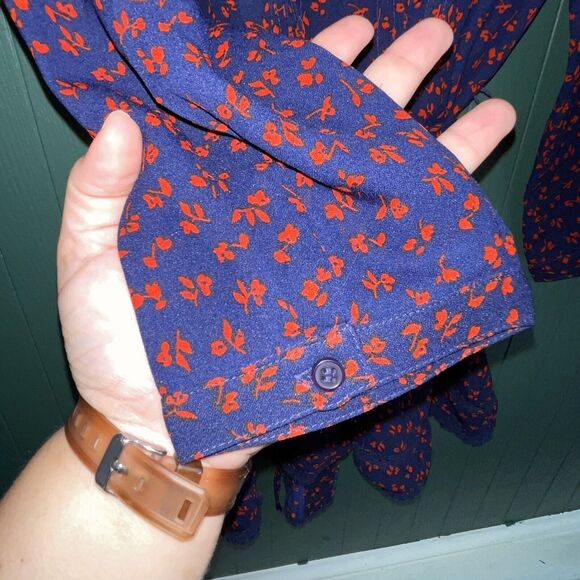 A Pea In The Pod Floral Navy Blue Blouse Top With Tie Belt Maternity Tunic Sz M - Picture 6 of 9